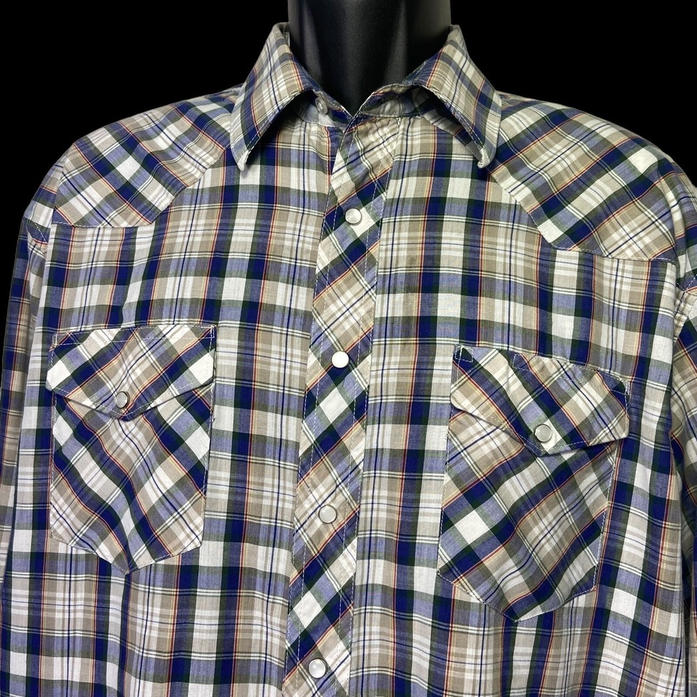 Wrangler Single Needle Mens Blue Plaid Pearl Snap Long Tail‎ Size XL - Picture 5 of 13